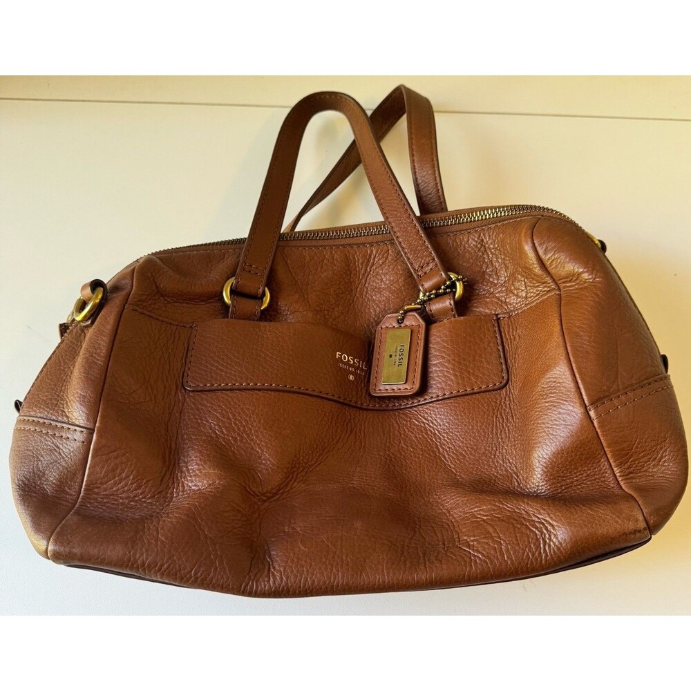 Fossil Sydney Brown Pebbled Leather Satchel Handbag Crossbody Purse Gold Accents